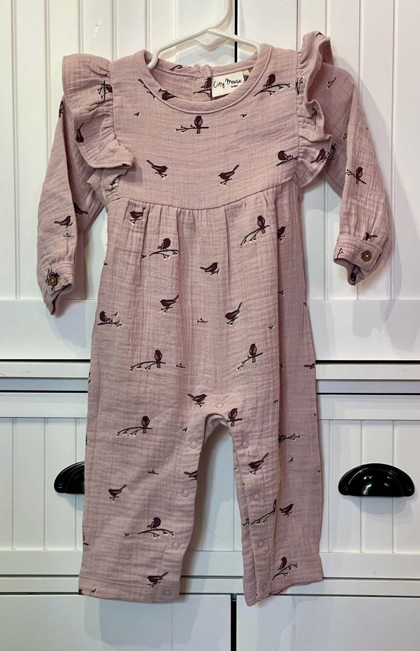 City Mouse Flutter Sleeve Long Romper in Lavender Birds Print